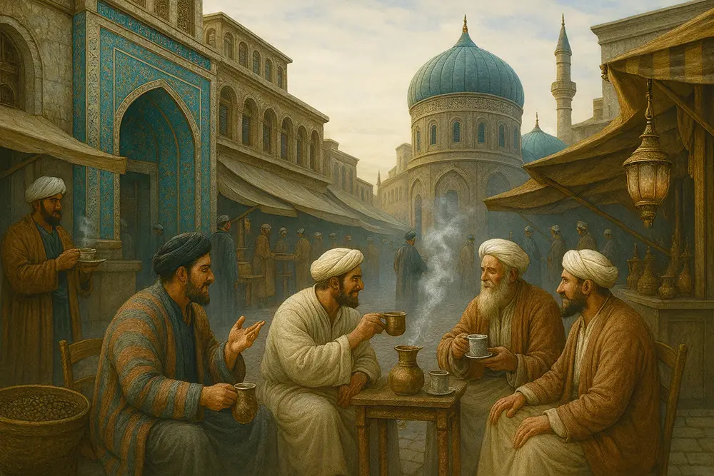 بازار سنتی خاورمیانه در قرن شانزدهم با مردانی که در کنار مسجد و قهوهخانه سنتی در حال نوشیدن قهوه هستند