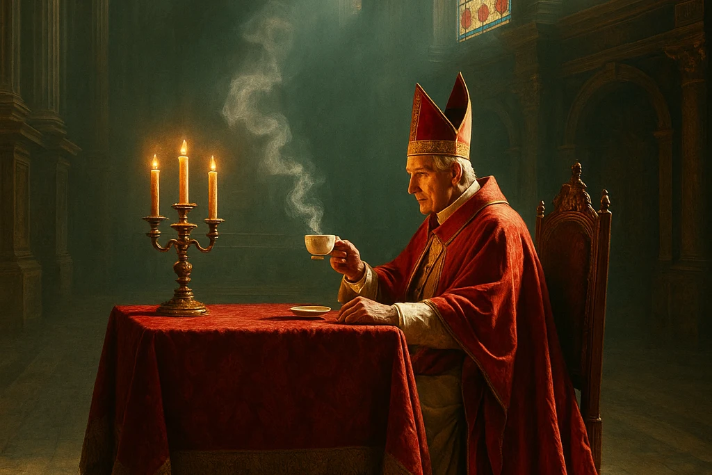 پاپ کلمنت هشتم در کلیسای رنسانس نشسته و در حال نوشیدن فنجان قهوه کنار شمع‌ها و پنجره‌های شیشه رنگی است