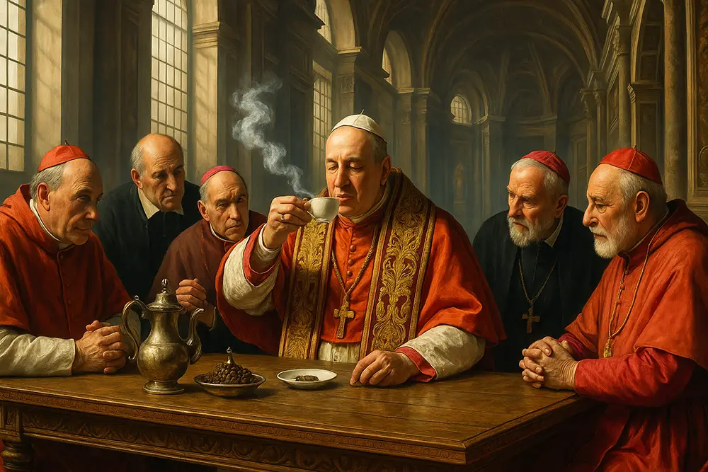 پاپ کلمنت هشتم در کلیسای رنسانس در حال نوشیدن نخستین فنجان قهوه و کاردینالها در اطراف او