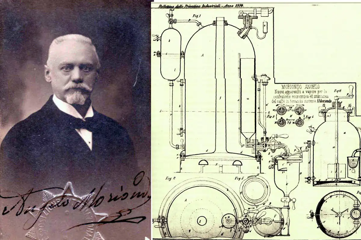تصویر آنجلو موریوندو مخترع نخستین دستگاه اسپرسوساز به همراه نقشه فنی ثبت اختراع او در سال ۱۸۸۴