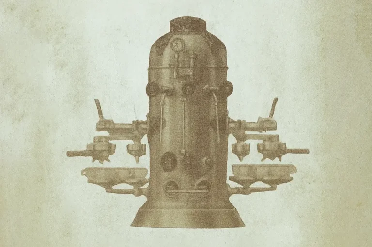 تصویر دستگاه اسپرسوساز اولیه بزا (Bezzera) با طراحی کلاسیک و بدنه استوانه‌ای، اوایل قرن بیستم