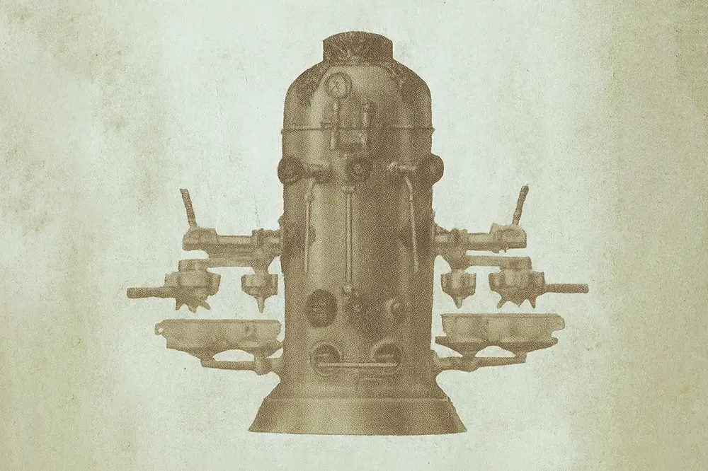 تصویر دستگاه اسپرسوساز اولیه بزا (Bezzera) با طراحی کلاسیک و بدنه استوانه‌ای، اوایل قرن بیستم