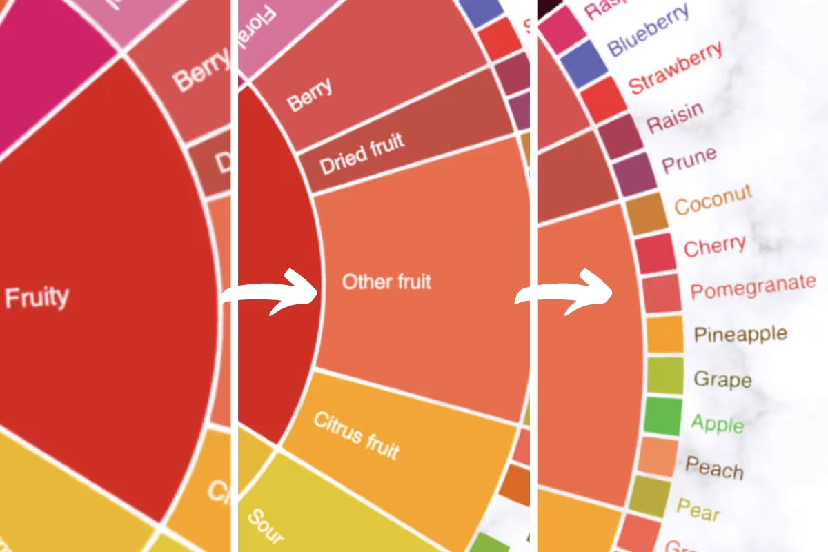 نمای سهمرحلهای از چرخه طعمی قهوه برای حرکت از دسته کلی به جزئیات طعمی دقیقتر
