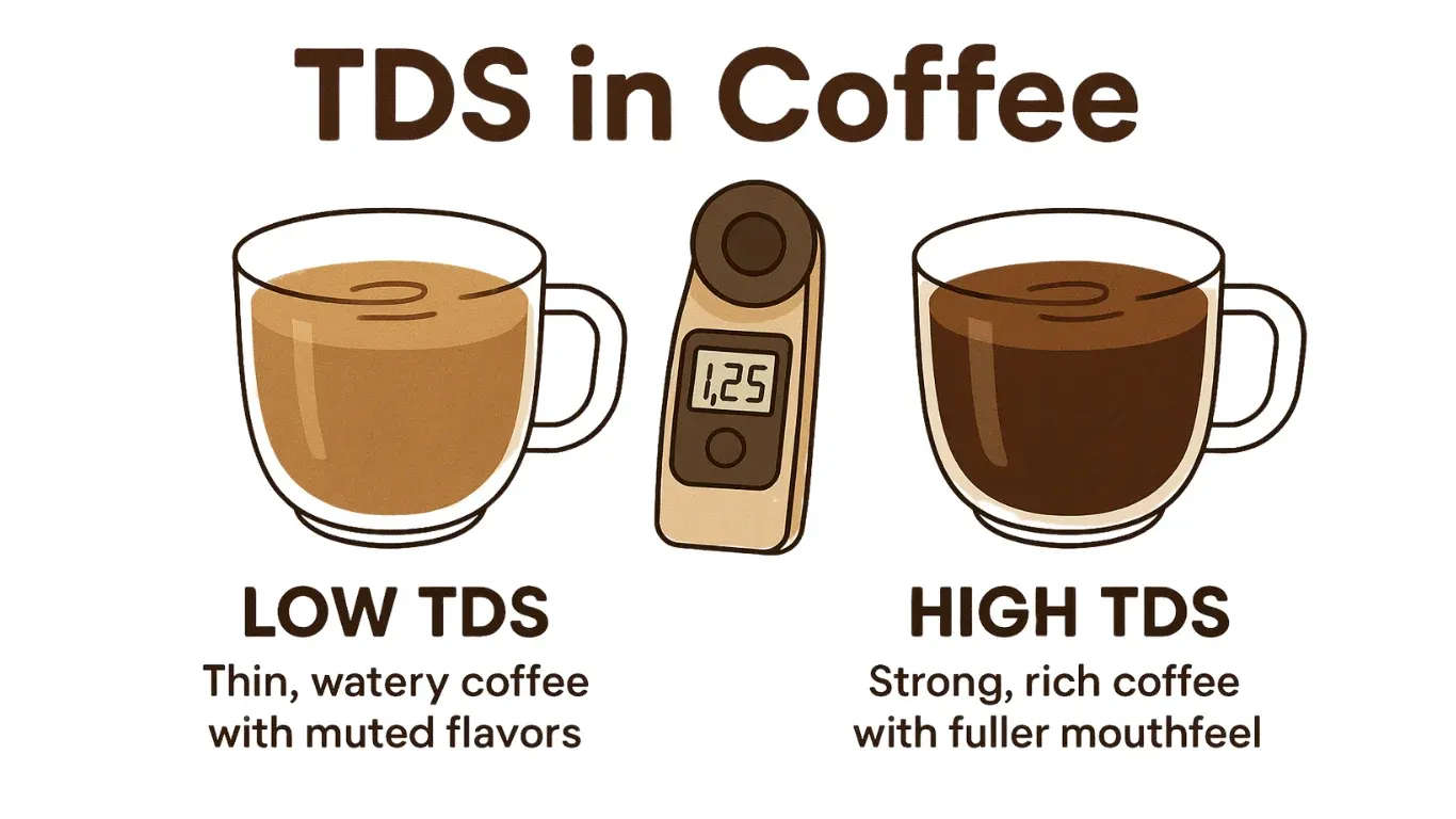 مقایسه قهوه با TDS پایین و بالا از نظر غلظت و طعم در قالب تصویر آموزشی